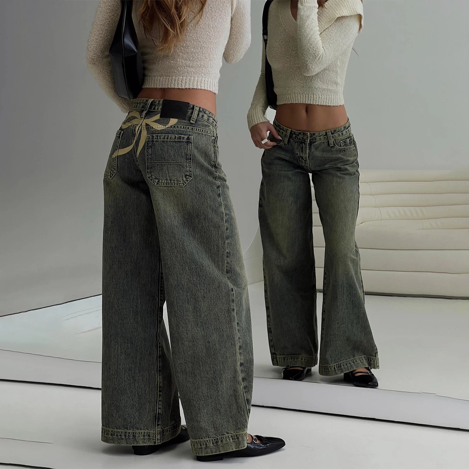 Vintage Loose Fit Bow-Print Wide Leg Jeans