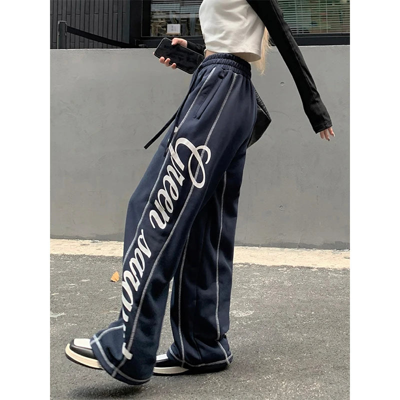Vintage Letter Print Wide-Leg Joggers
