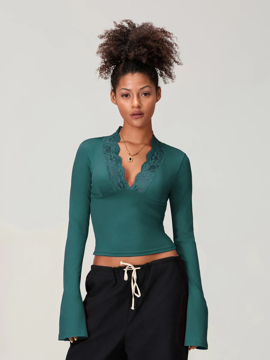 Elegant V-Neck Lace Patchwork Flared Sleeve Top