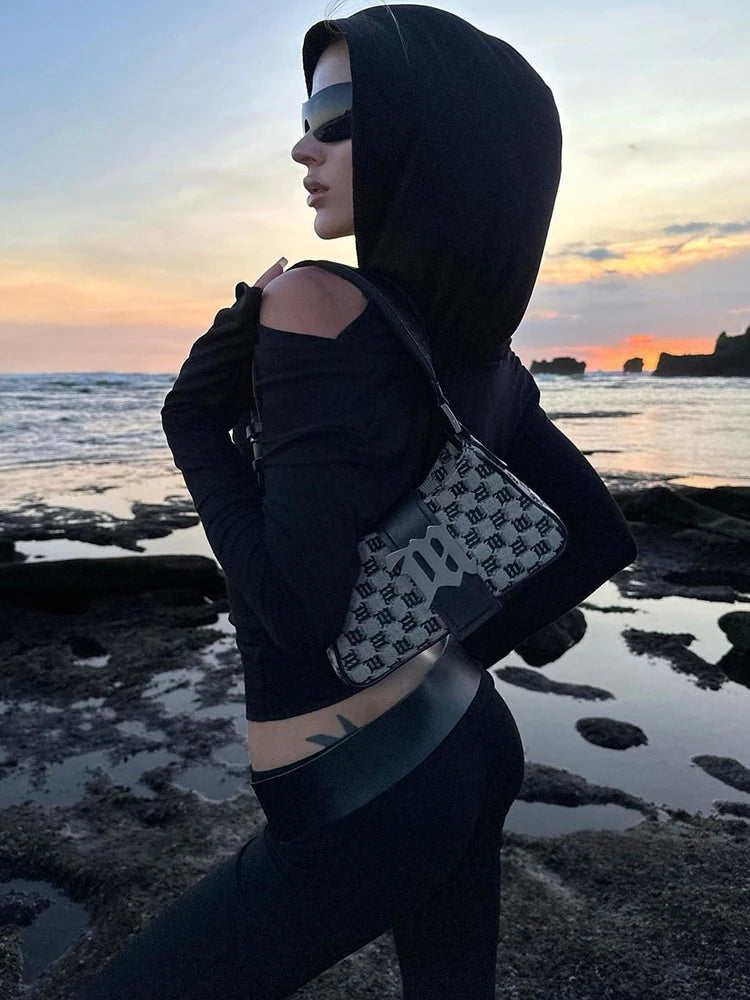 Gothic Hooded Cropped Long Sleeve T-Shirt