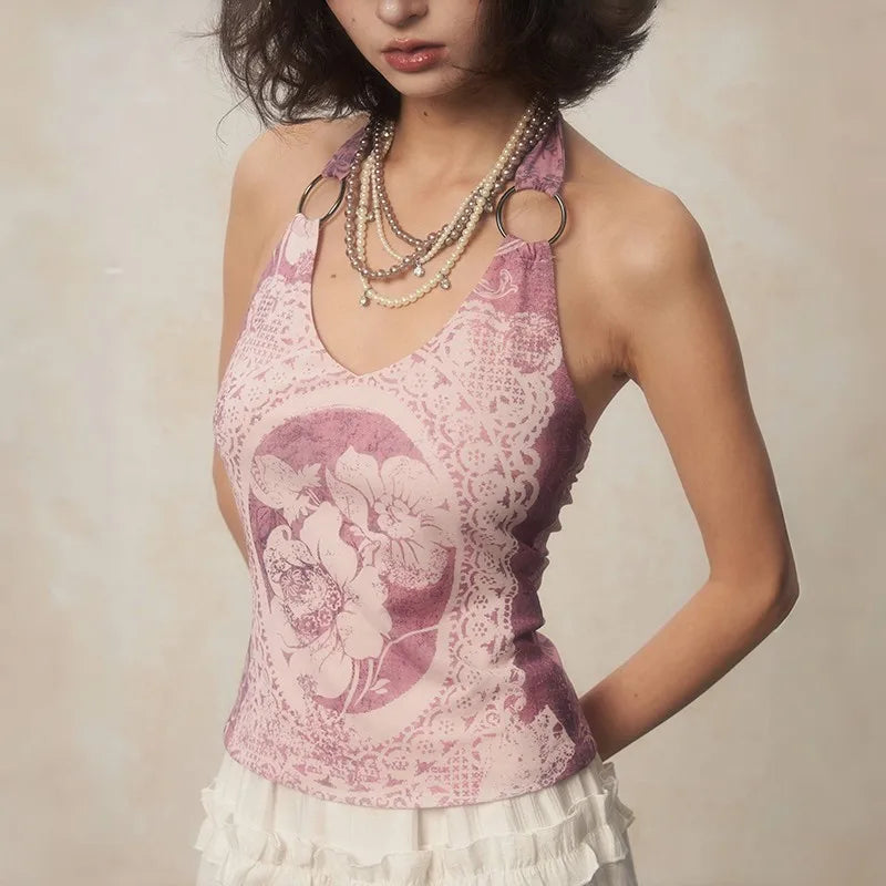 Grunge Flower Print Backless Camisole