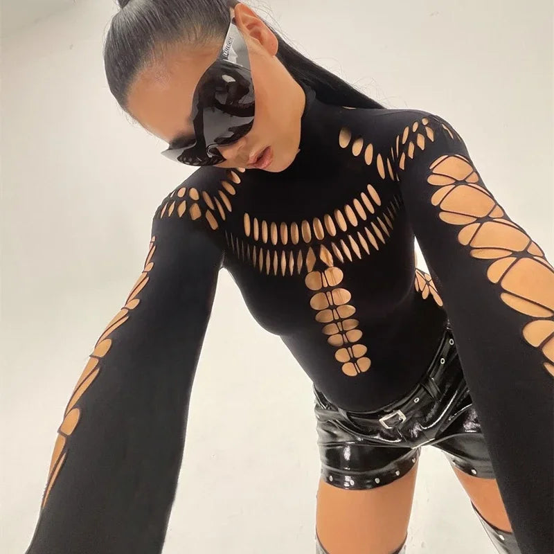 Sexy Hollow-Out High Collar Bodysuit