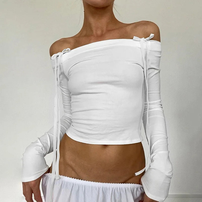 Sexy Bow Off-Shoulder Skinny Long Sleeve Top