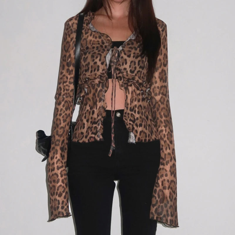 Mesh Leopard Print Ruffled Bow Crop Top