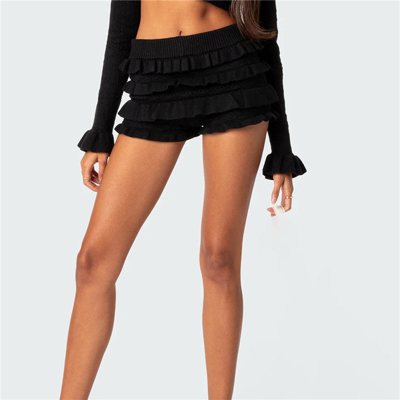 Ruffle Layered Crochet Knit Shorts