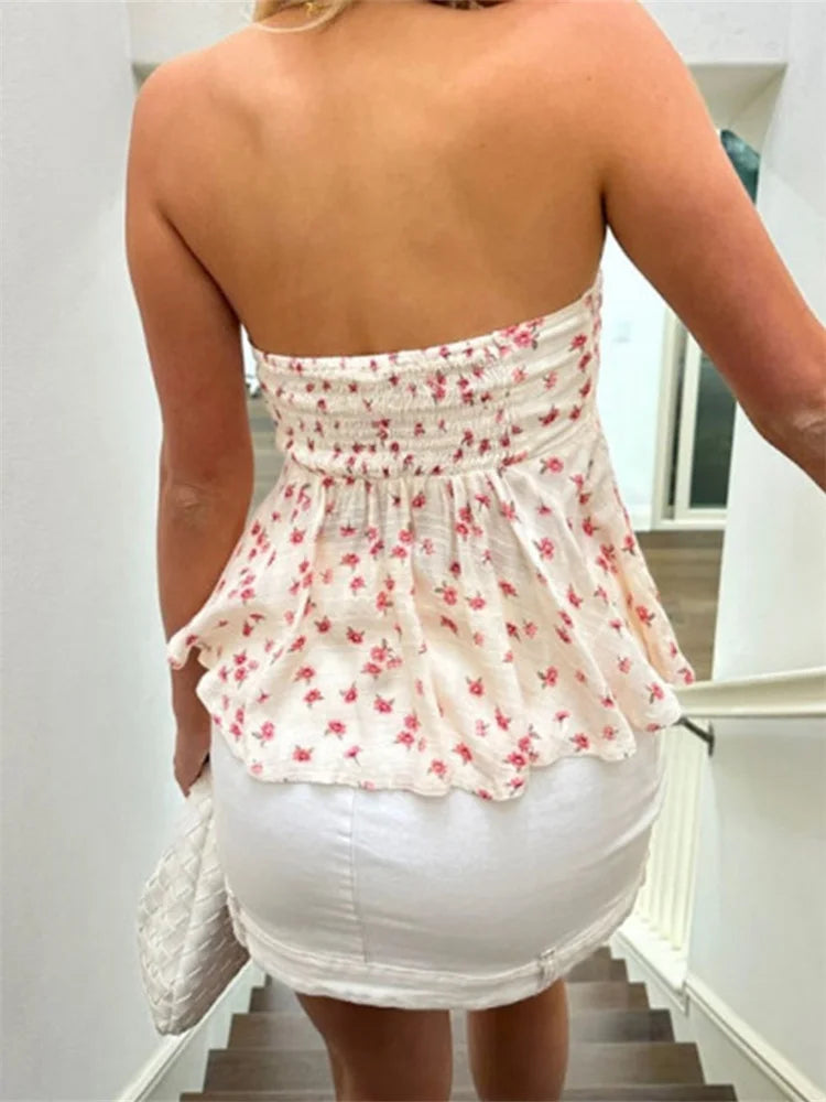 Strapless Off-Shoulder Ruched Floral Tube Top