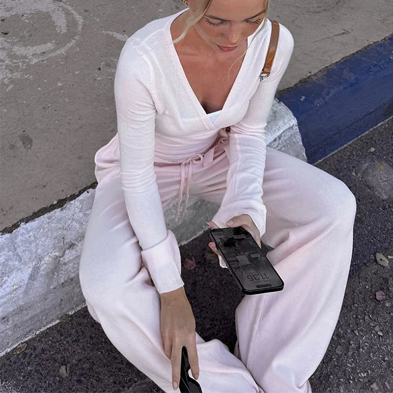 Loose Pants & Lace-Up Crop Cardigan Set