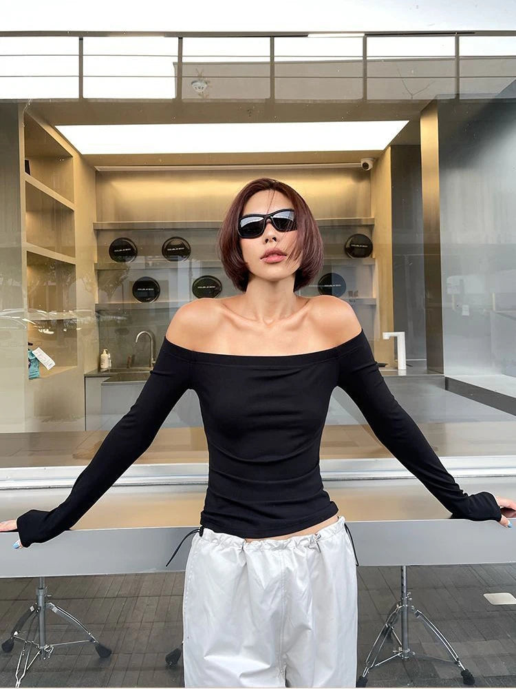 Black Slash Neck Off-Shoulder Crop Top