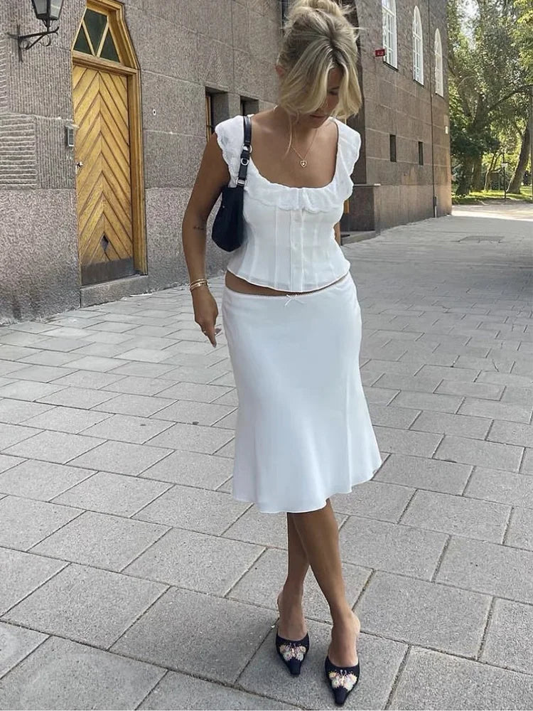 White Lace Crop Top & Midi Skirt Set