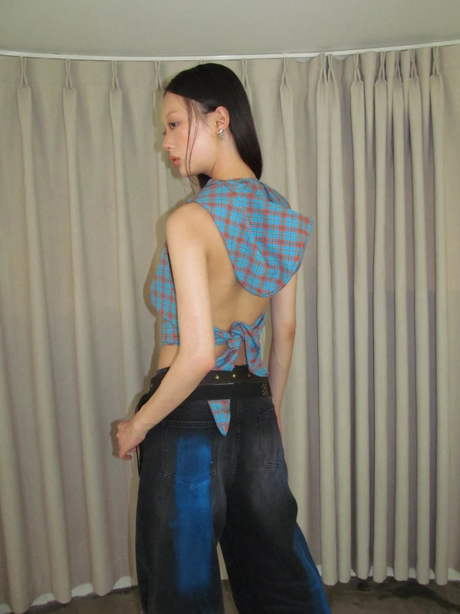 Vintage Plaid Lace-Up Backless Tank Top - Retro Crop Top