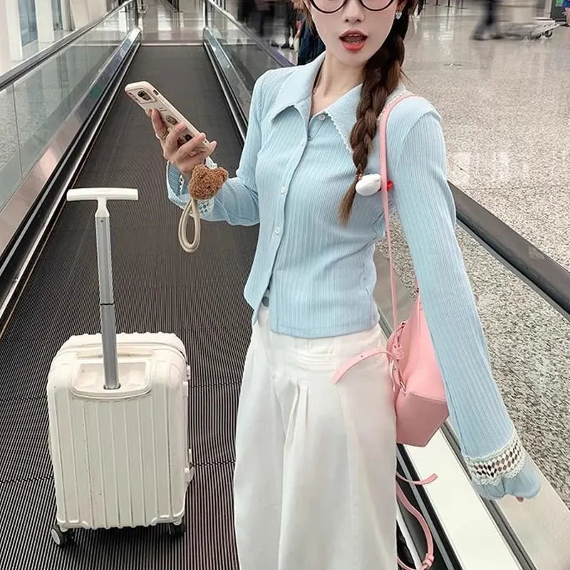 Cream & Baby Blue Knitted Hollow-Out Long Sleeve T-shirt