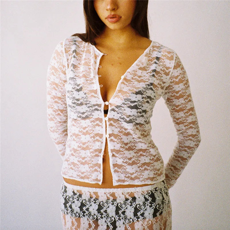 Y2K Lace Sheer Button-Down Crop Top