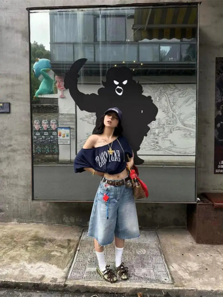 Loose Off-Shoulder Graphic Letter Tee