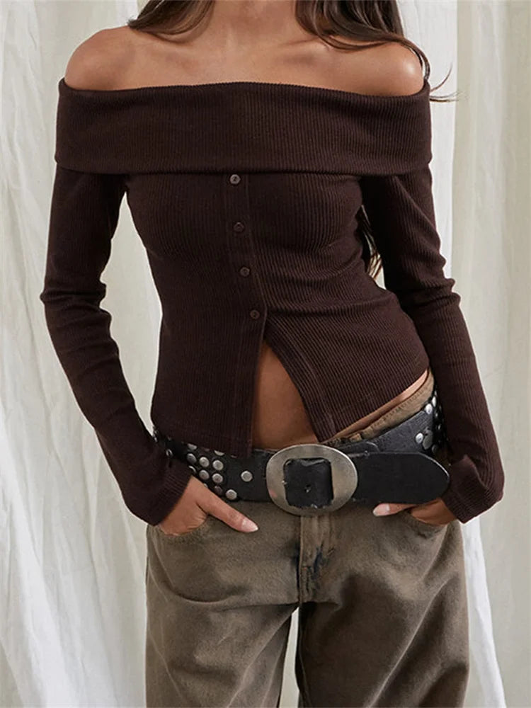 Off-Shoulder Buttoned Slash Neck Sweater