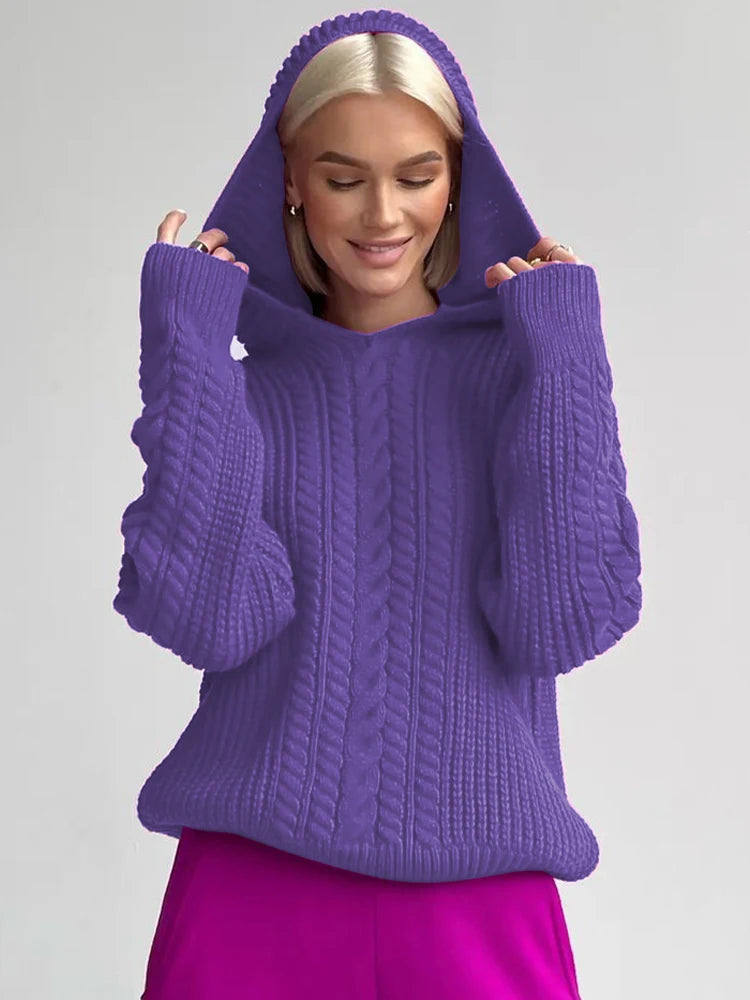 Knitted Hooded Long Sleeve Oversized Sweater