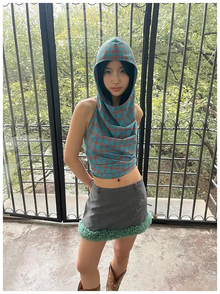 Vintage Plaid Lace-Up Backless Tank Top - Retro Crop Top