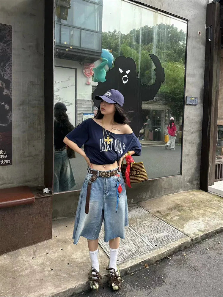 Loose Off-Shoulder Graphic Letter Tee